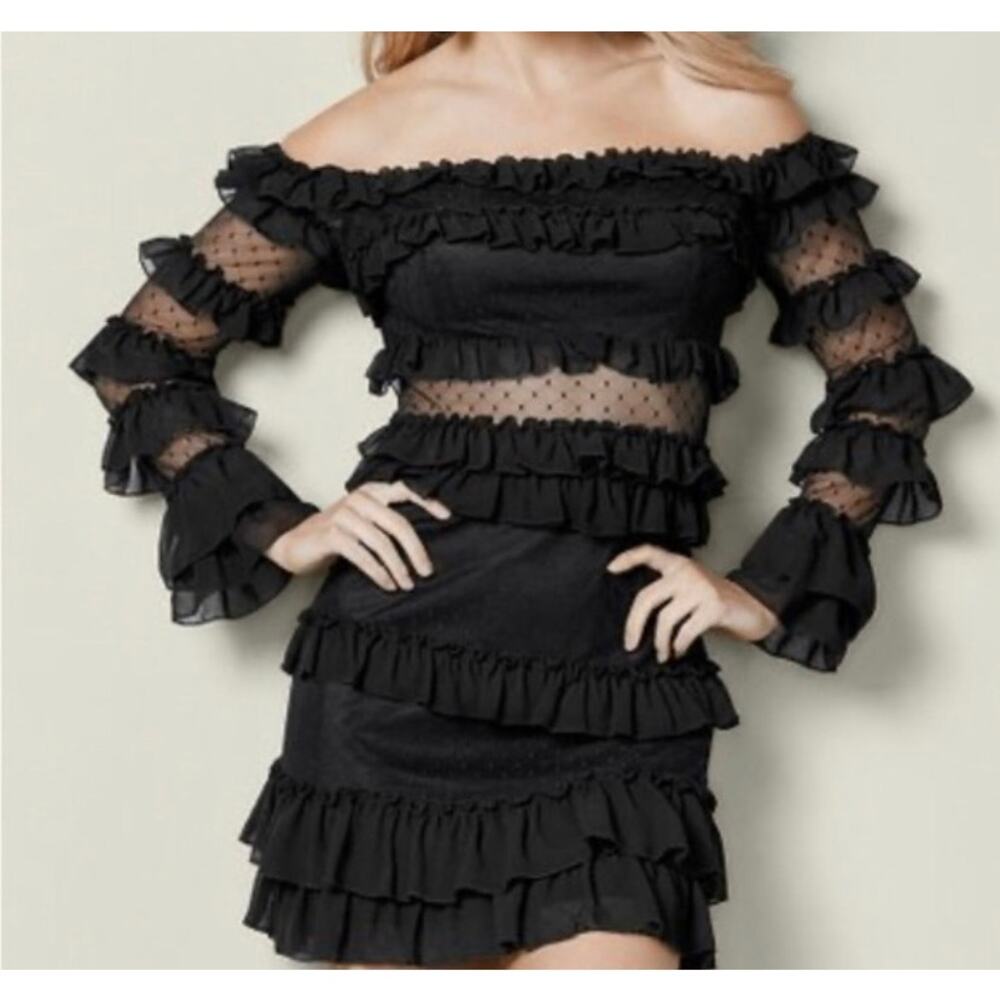 Venus Black Off Shoulder Ruffle Mesh Mini Dress Size 12